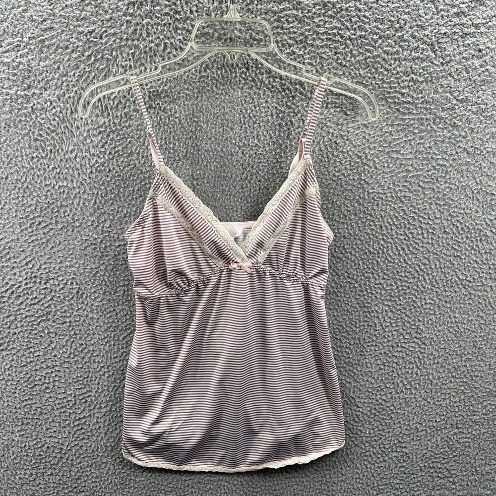 Womens Y2K Cami Tank Top‎ L Coquette Soft Girl Striped Lace Trim Babydoll Lounge